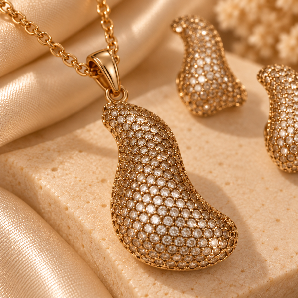Golden Sculpted Teardrop Pendant & Earring Set