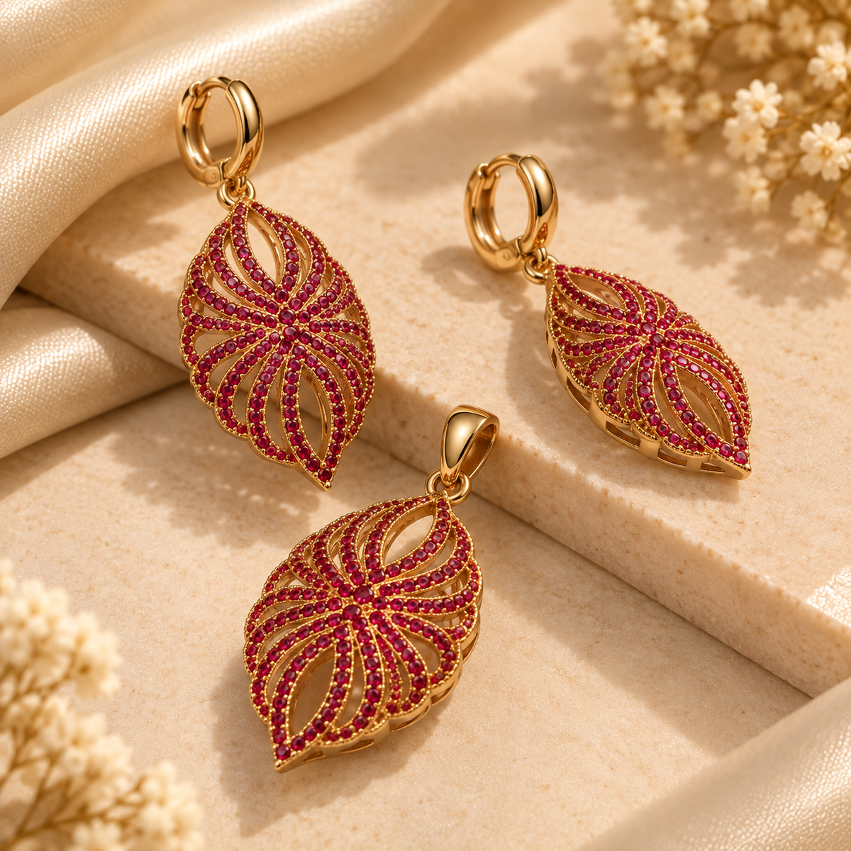 Ruby Filigree Teardrop Pendant & Earring Set