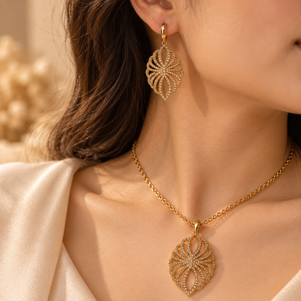 Golden Radiant Petal Pendant & Earring Set