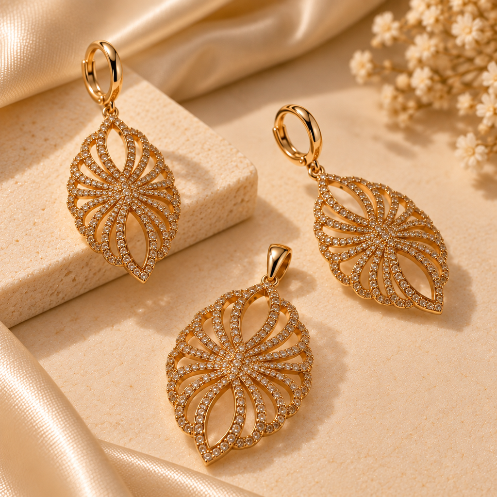 Golden Radiant Petal Pendant & Earring Set