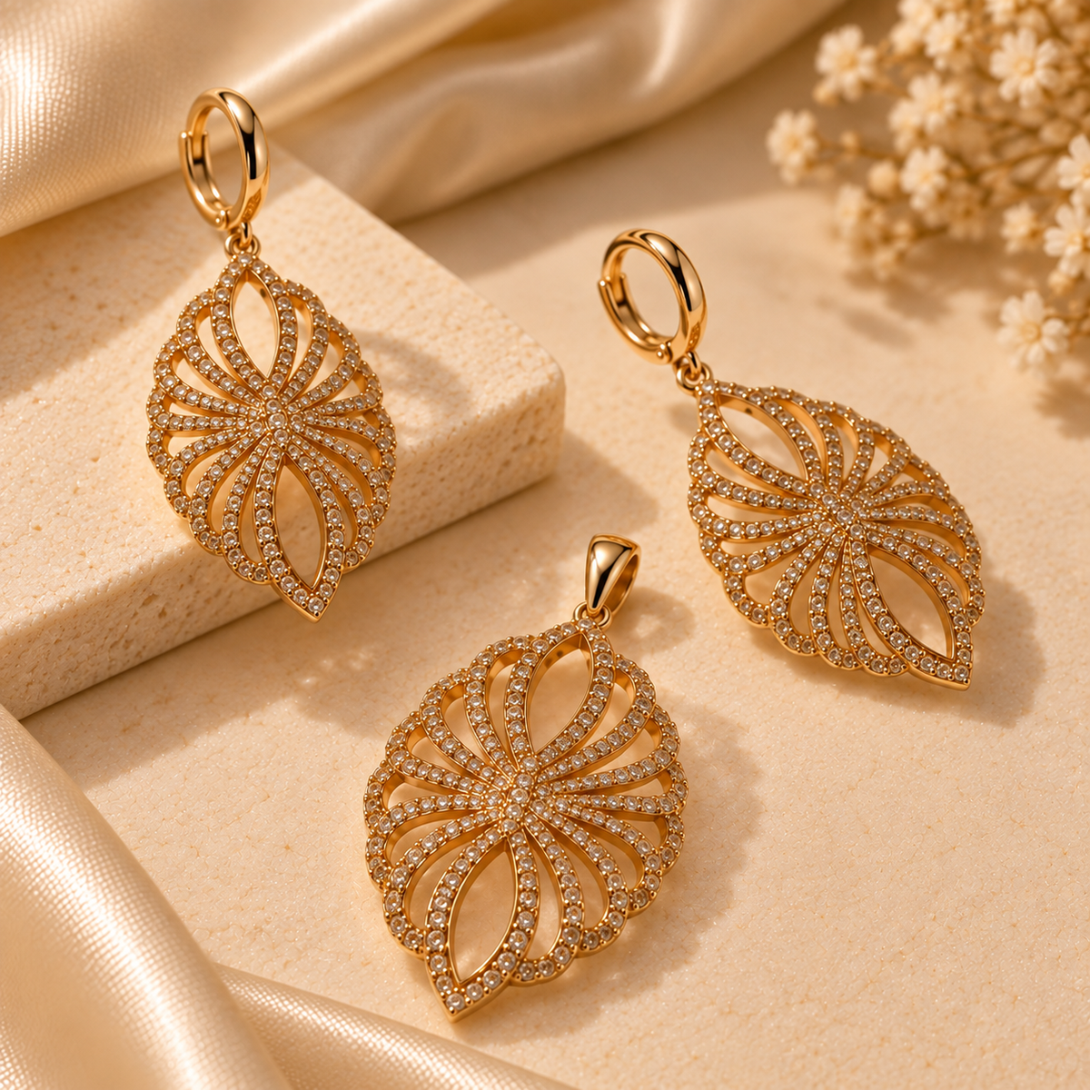 Golden Radiant Petal Pendant & Earring Set