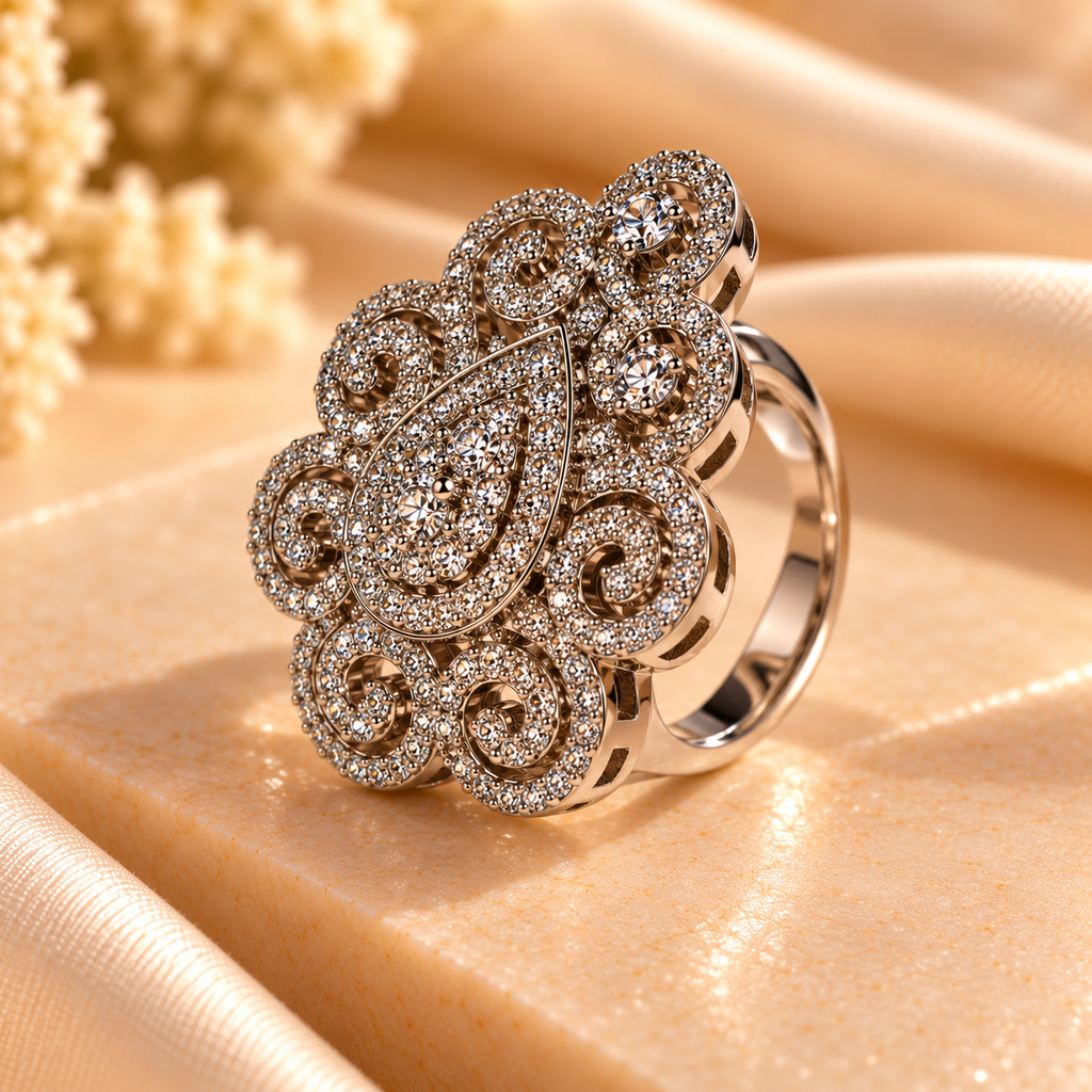 Silver Royal Filigree Crystal Statement Ring