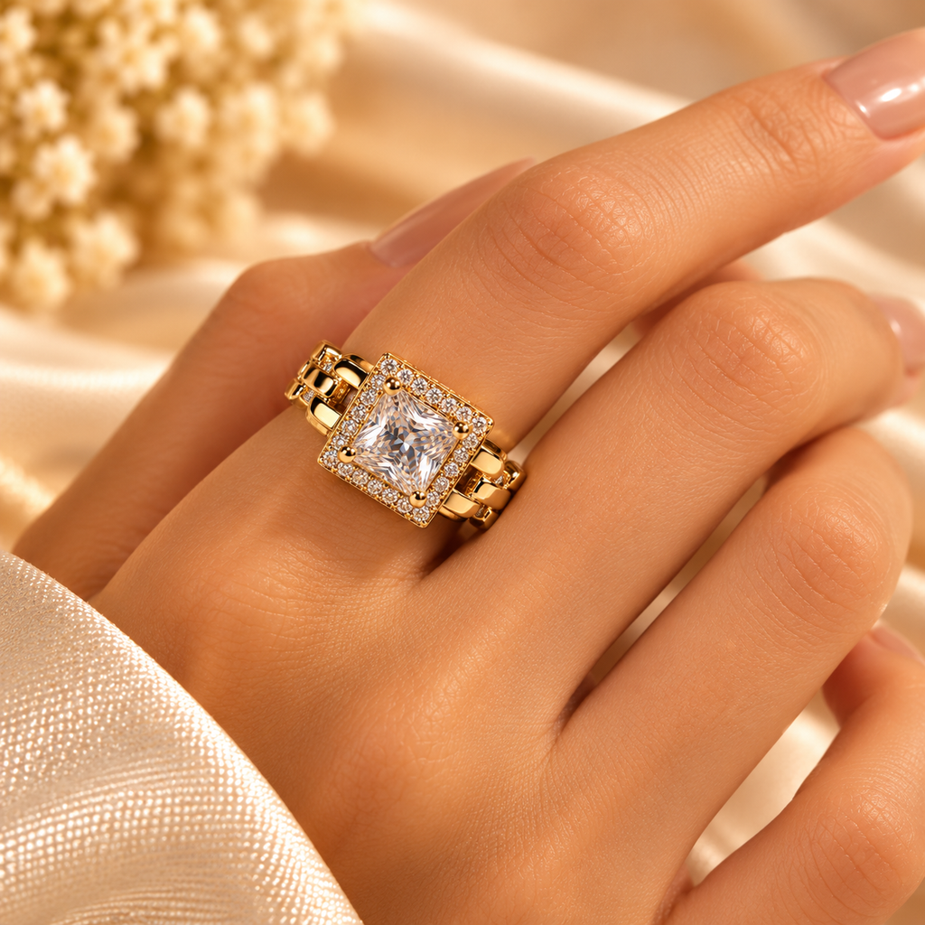 Golden Luxe Princess-Cut Crystal Ring