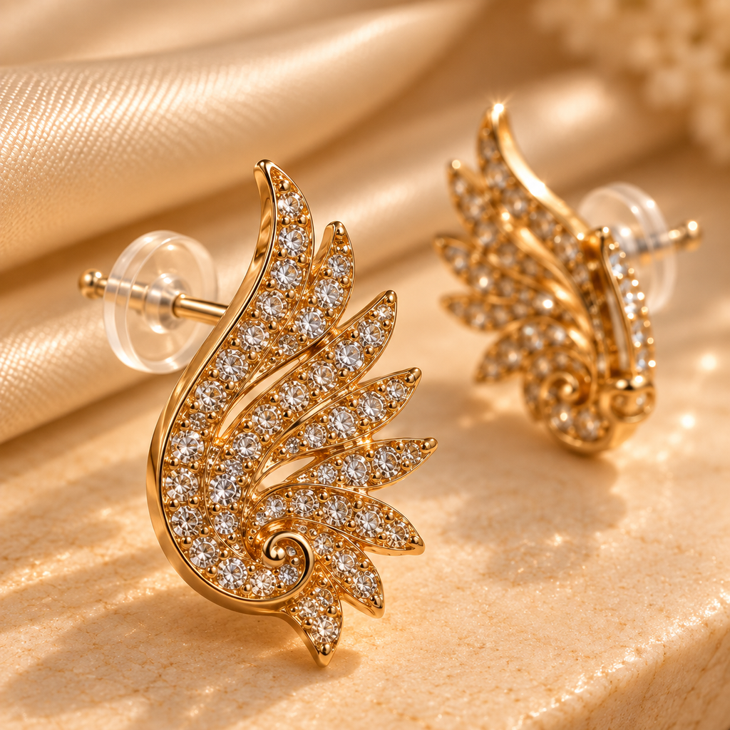 Golden Feather Crystal Stud Earrings