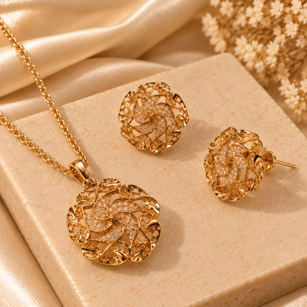 Golden Floral Swirl Pendant & Earring Set