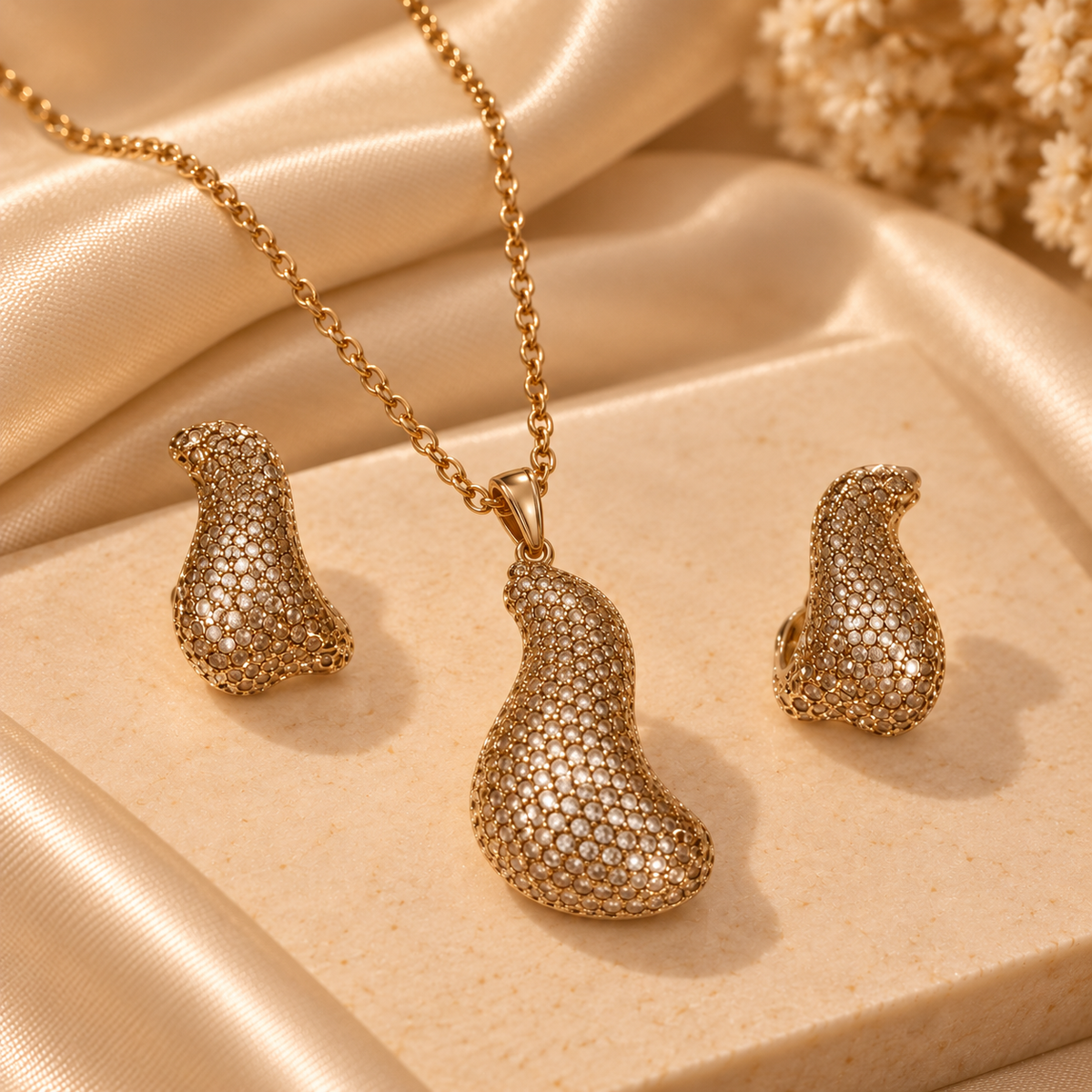 Golden Sculpted Teardrop Pendant & Earring Set