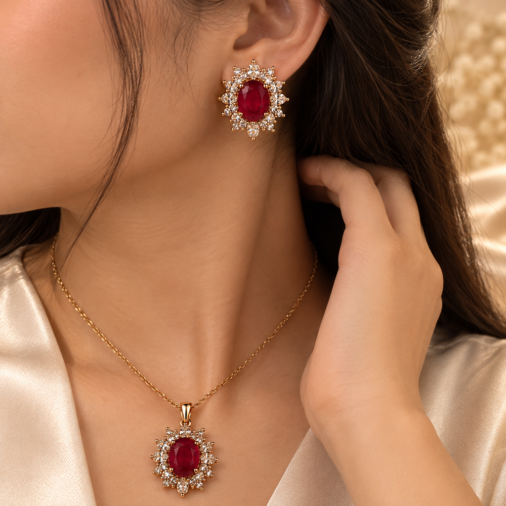 Ruby Bloom Crystal Halo Pendant & Earring Set