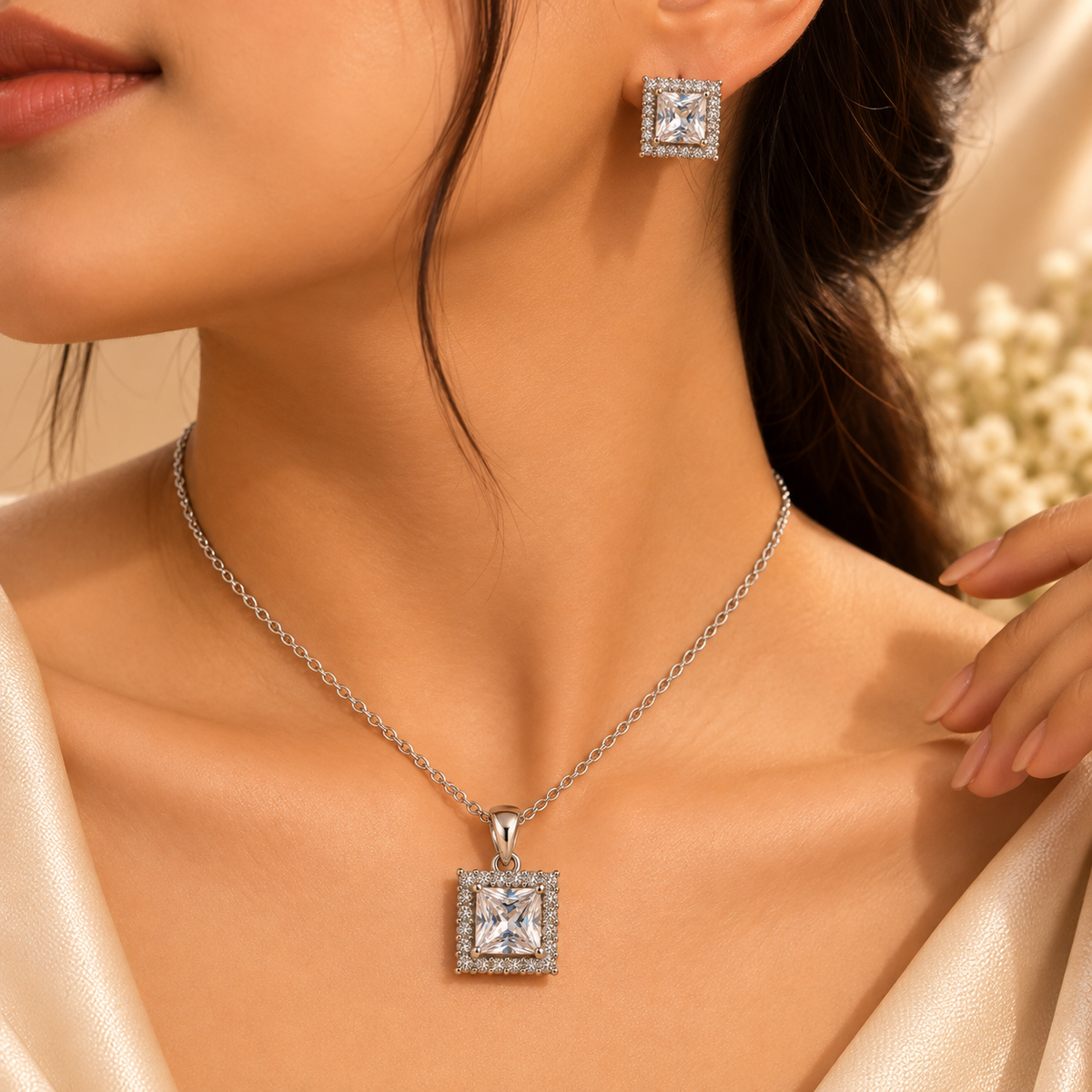 Crystal Square Halo Pendant & Earring Set