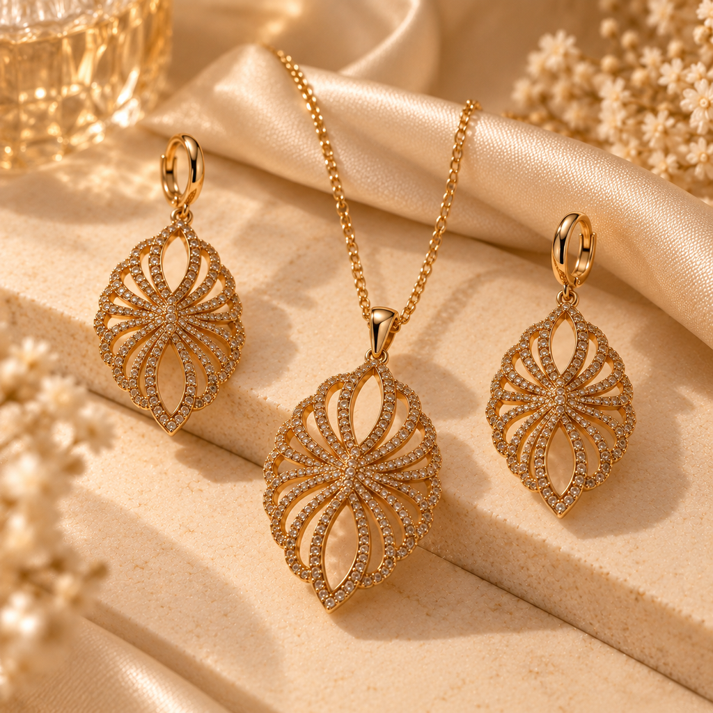 Golden Radiant Petal Pendant & Earring Set