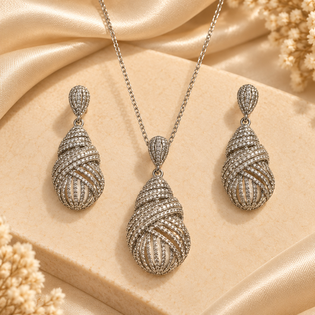 Silver Cascade Teardrop Pendant & Earring Set