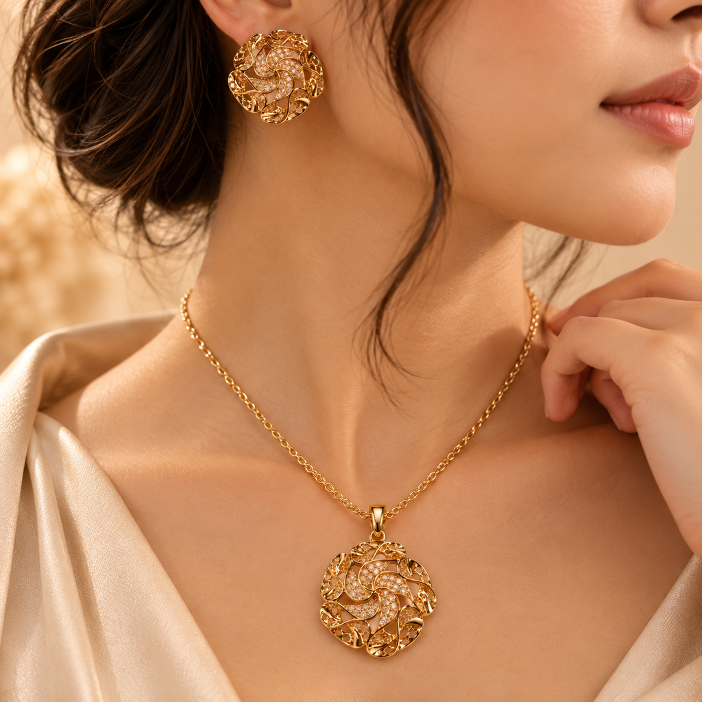 Golden Floral Swirl Pendant & Earring Set