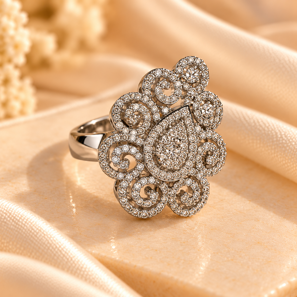 Silver Royal Filigree Crystal Statement Ring