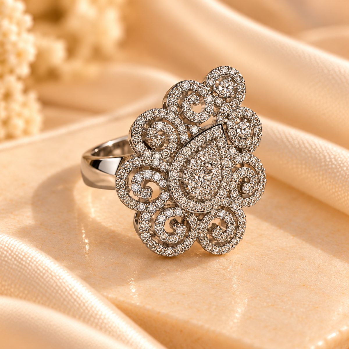 Silver Royal Filigree Crystal Statement Ring