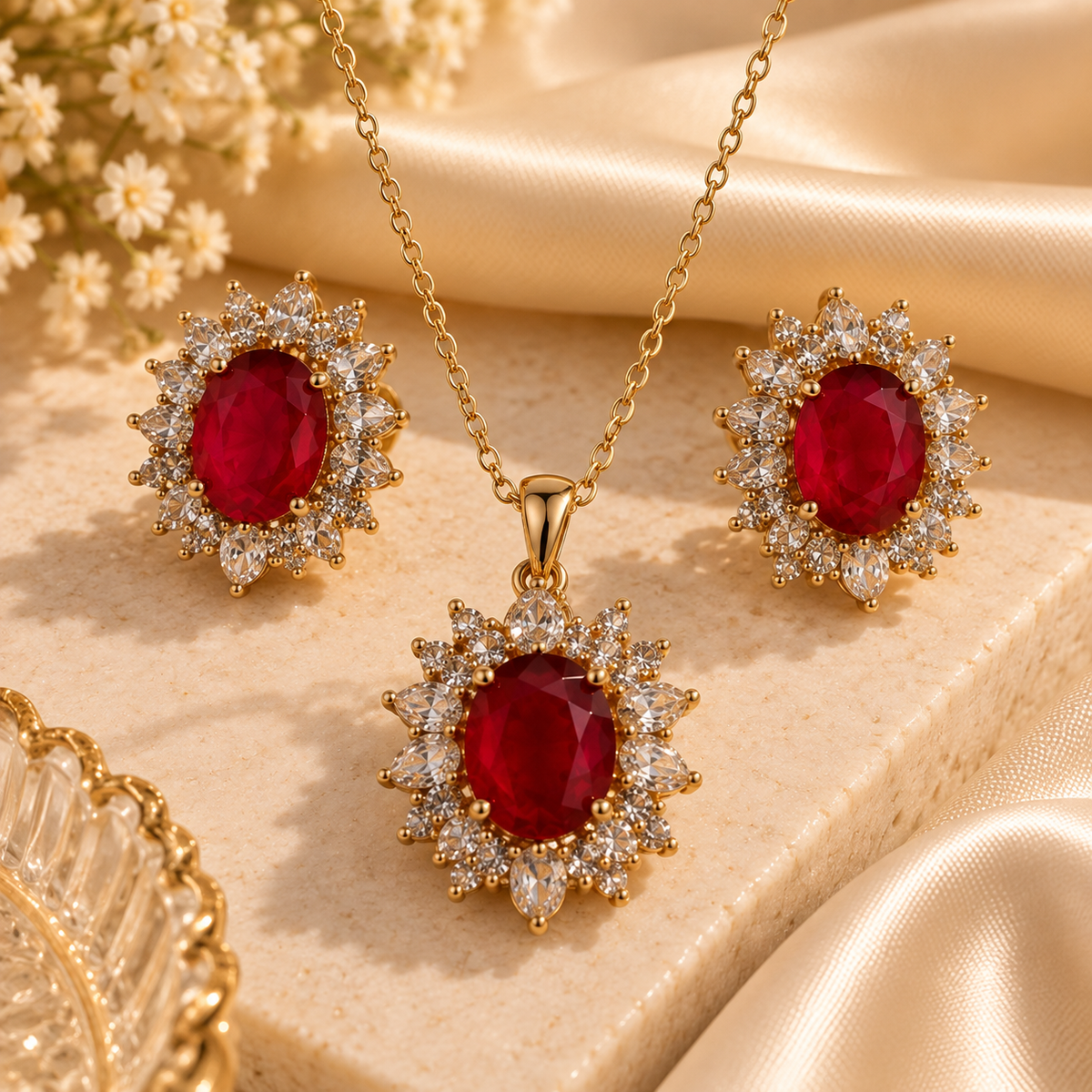 Ruby Bloom Crystal Halo Pendant & Earring Set