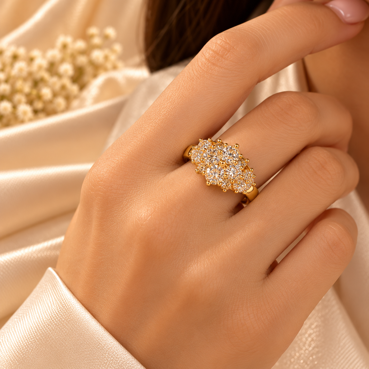 Golden Cluster Crystal Statement Ring