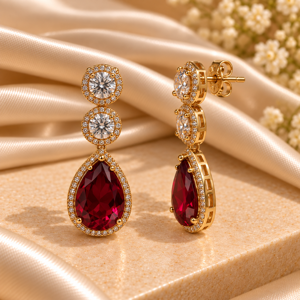 Ruby Radiance Crystal Halo Drop Earrings