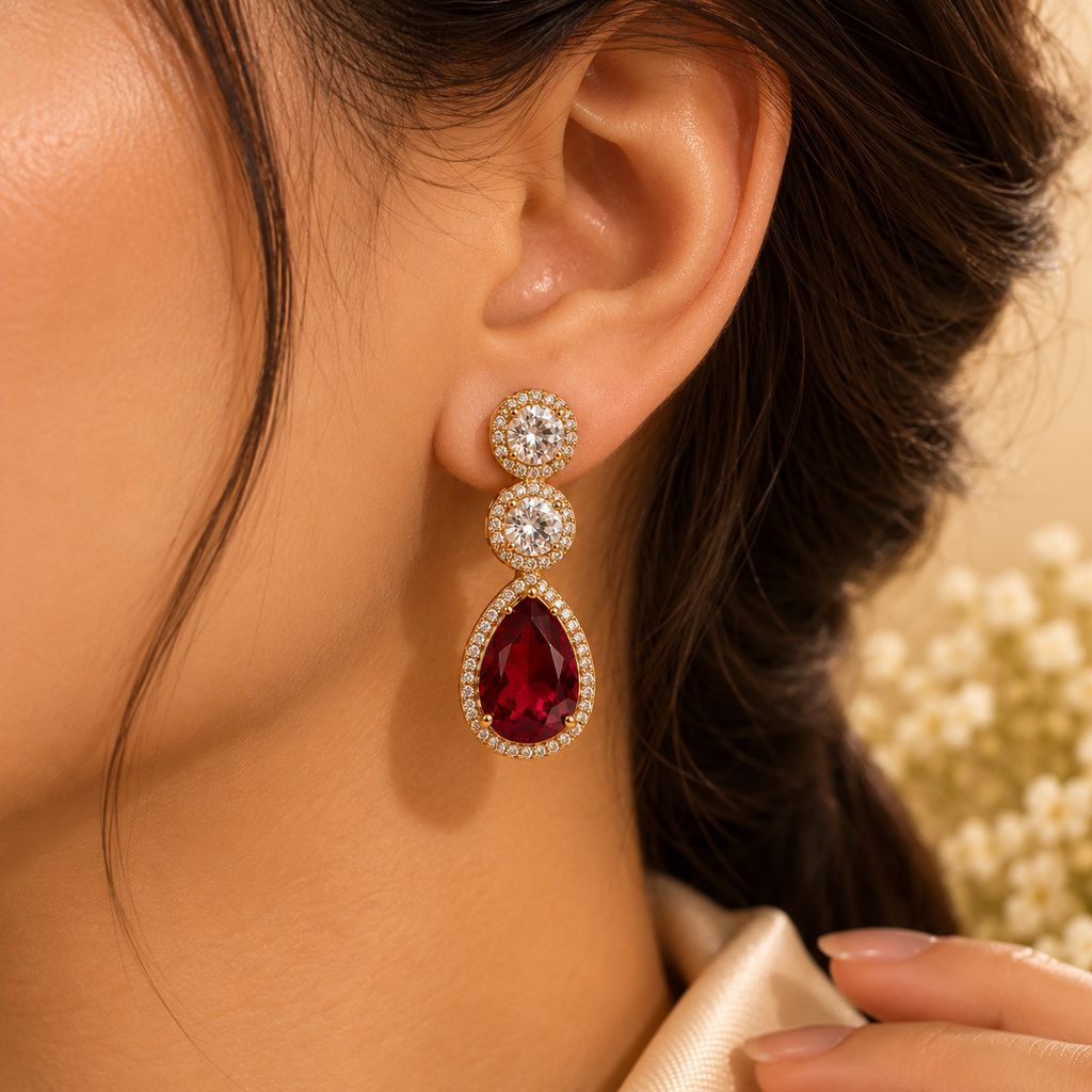 Ruby Radiance Crystal Halo Drop Earrings