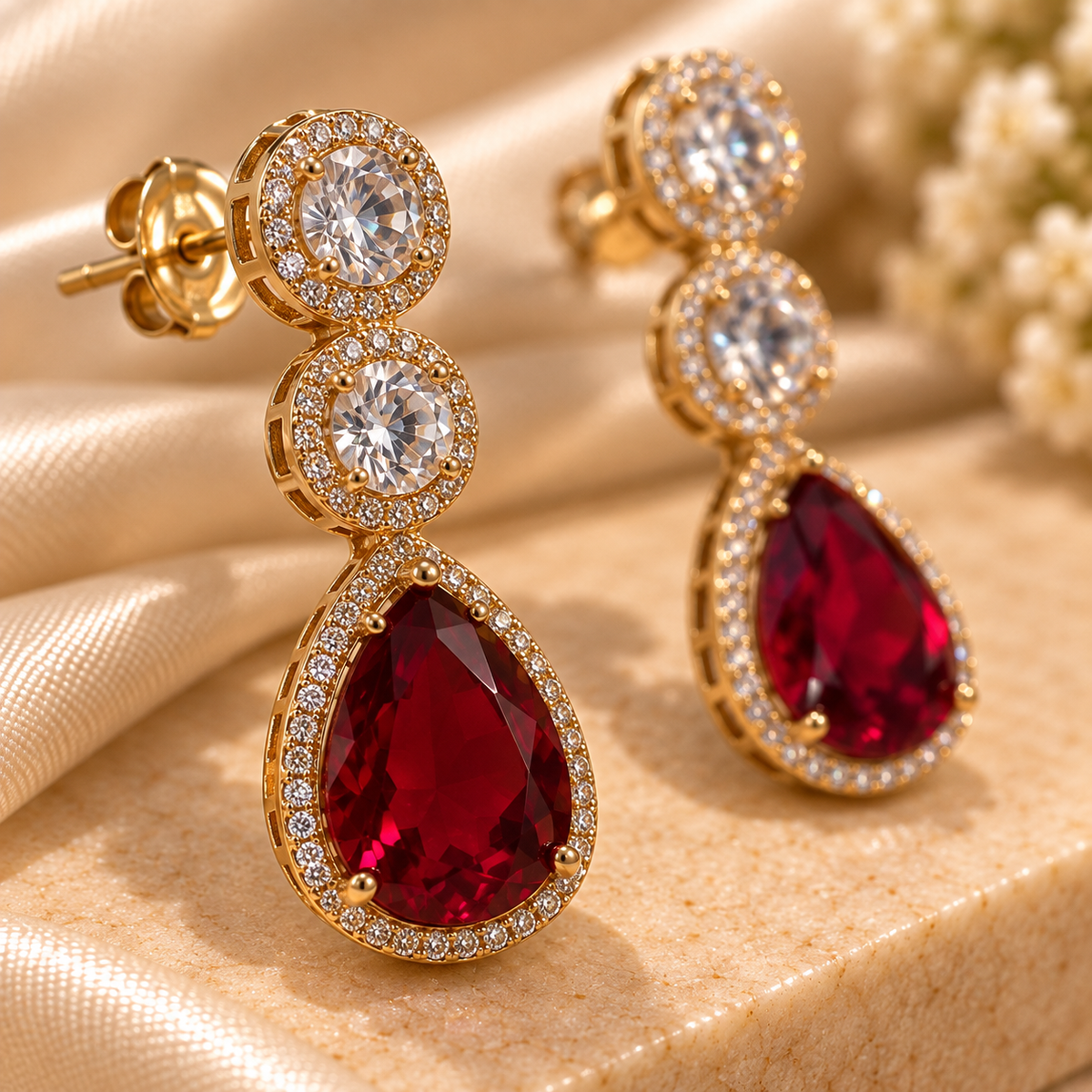 Ruby Radiance Crystal Halo Drop Earrings