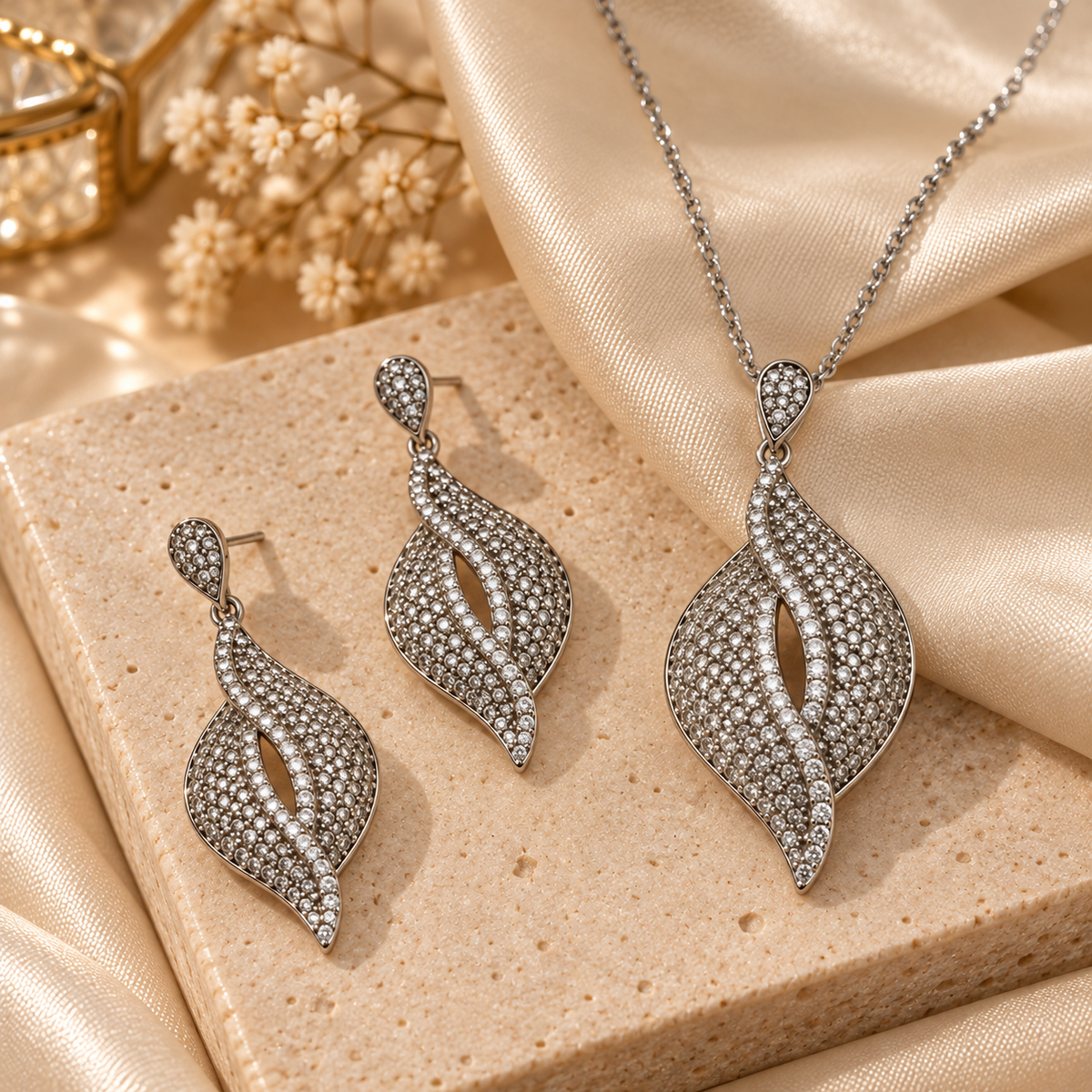 Silver Leaf Twist Pendant & Earring Set