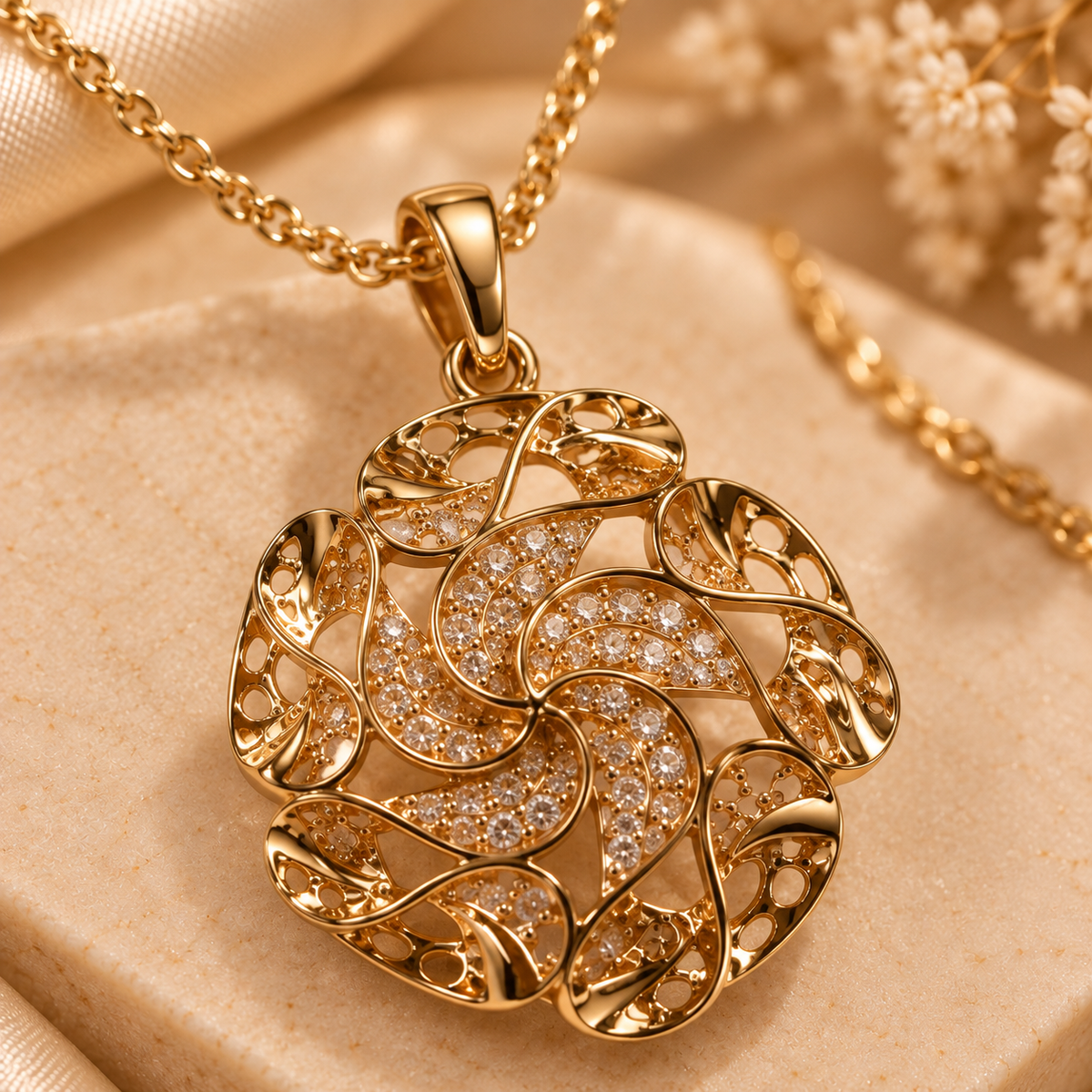 Golden Floral Swirl Pendant & Earring Set