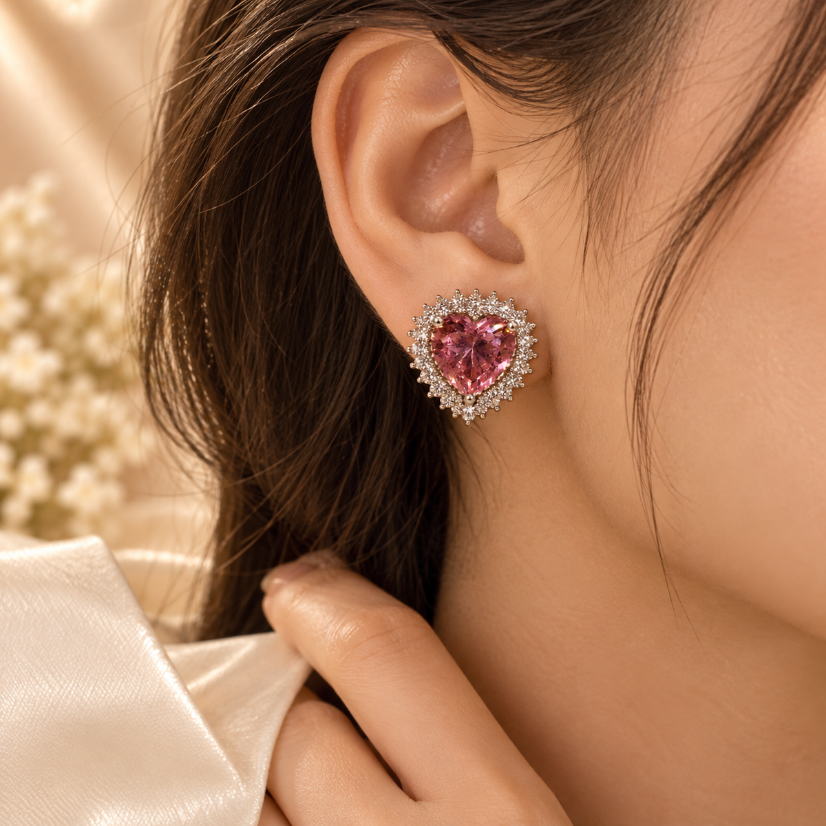 Blush Heart Crystal Halo Studs